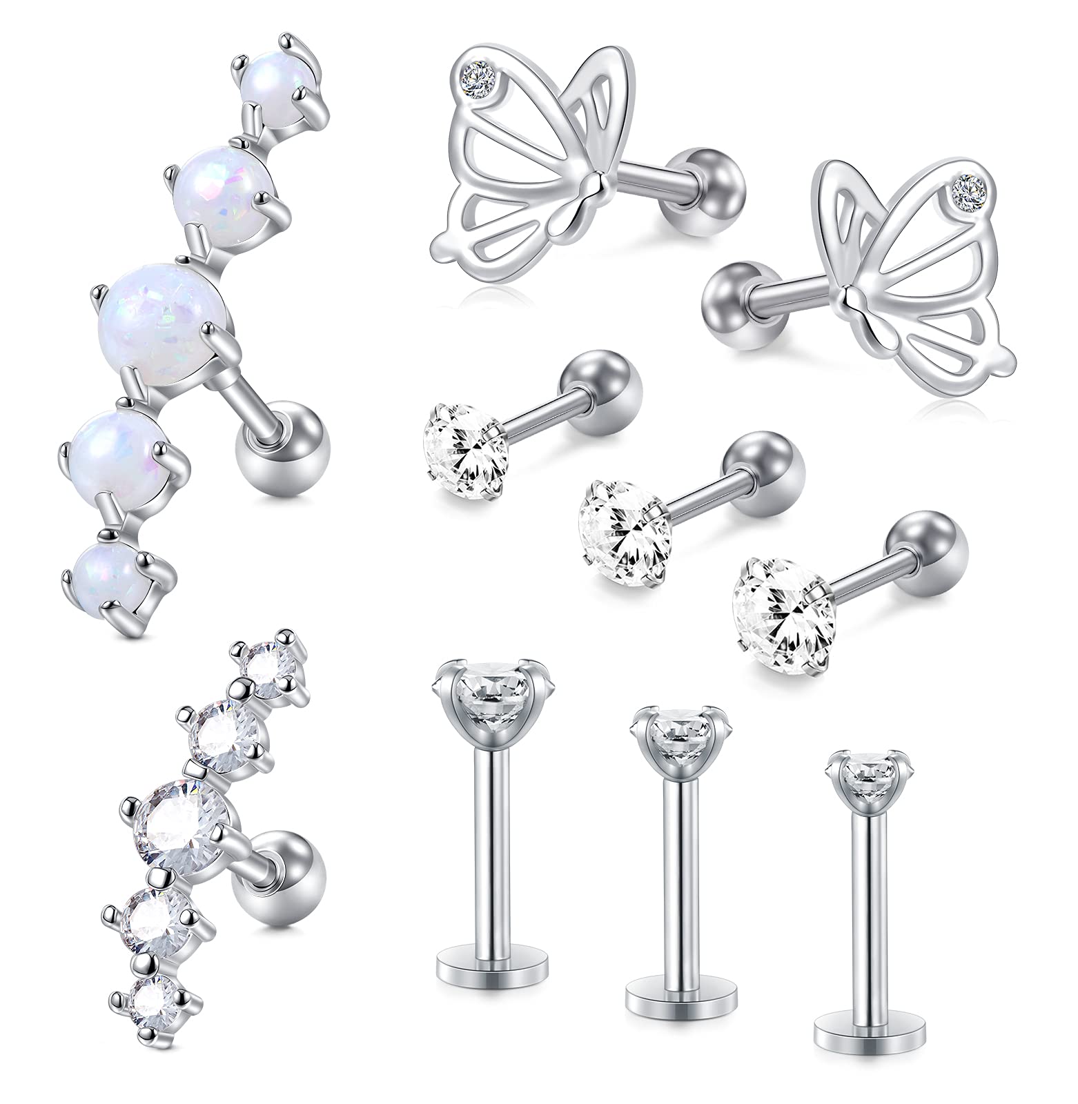 Rajnard 10 Pcs Helix Cartilage Earrings Sliver 16G Stainless Steel Cz Studs Tragus Septum Hoops Lip Earring Barbell for women men Piercing