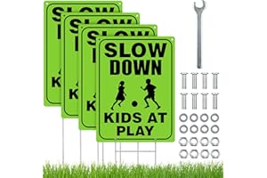 Zonon 4 Sets Slow Down Children at Play Safety Signs for Street with Metal Wire H Stakes Wrench Screws Reflective Waterproof 