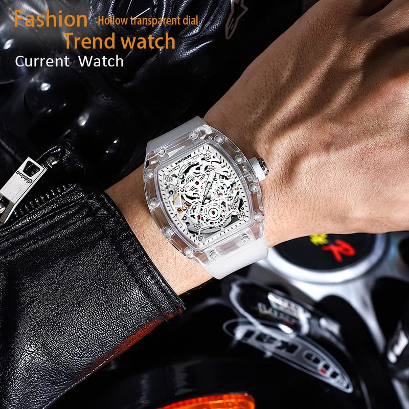 Gosasa Fashion Hollowed Men Watches Tonneau Transparent Analog Display Silicone Strap Calendar Quartz Waterproof Trend Male Wrist Watch