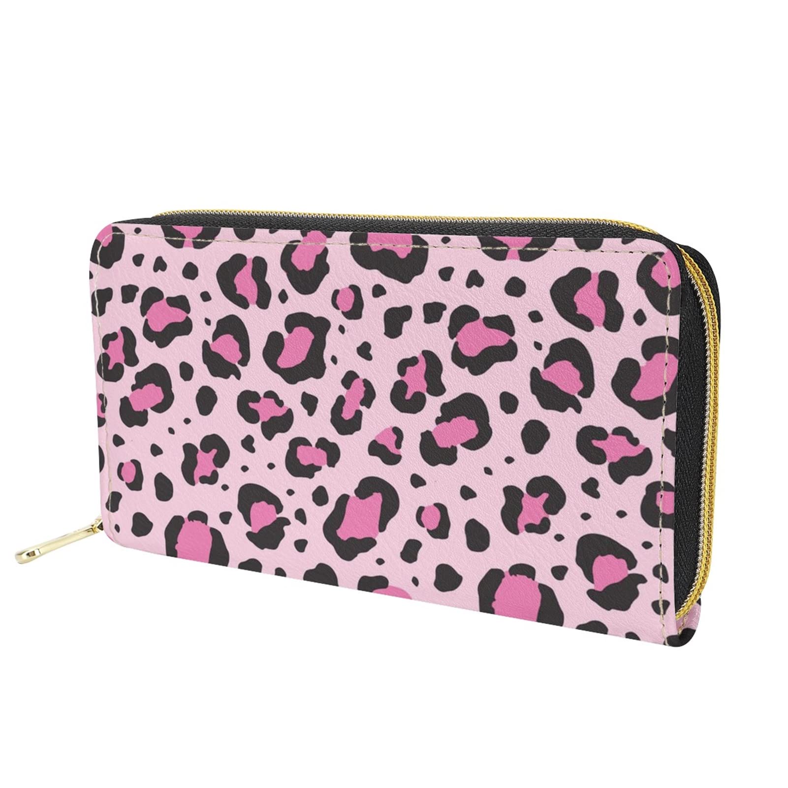 Dolyues Pink Animal Leopard Print Women Long Pu Leather Purse,Zipper Credit Card Holder with Coin Pockets Cash Bags Phone Case Clutch