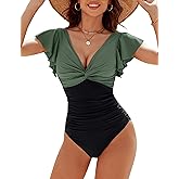 Blooming Jelly Womens Tummy Control Swimsuit V Neck One Piece Bathing Suits Slimming Lace-up Ruffle Swimwear