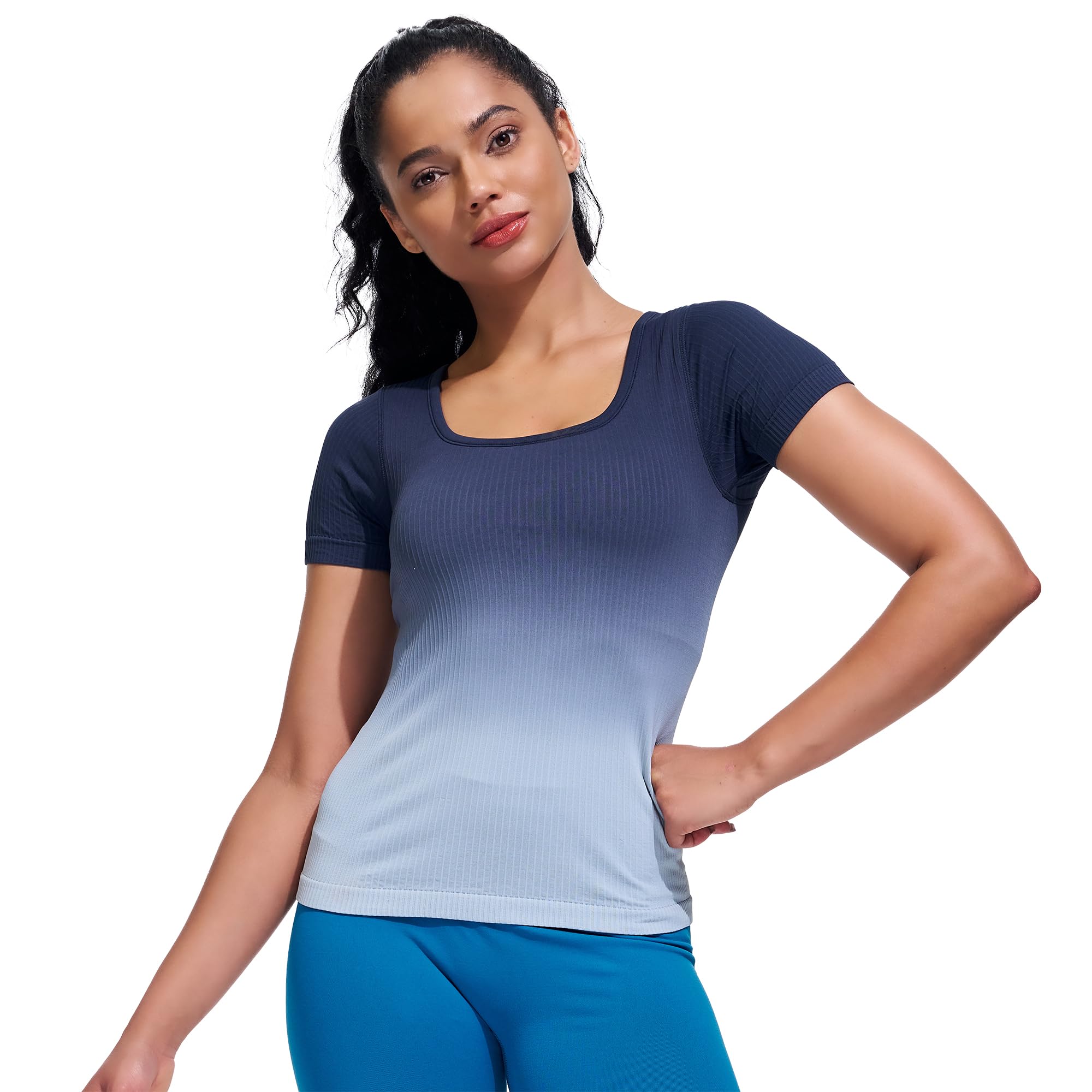 Photo 1 of sphinx cat Seamless Ribbed Workout Yoga Fitted Tee Shirts Short-Sleeve Tops for Women with Built in Bra Navyblue L