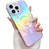 Heaofei Glitter Case for iPhone 16 Pro Max Case for Women Girls [ Compatible with Magsafe ] Clear Cute Aesthetic Girly Iridescent Feather Sparkly Bling Magnetic Phone Cover, Gradient Blue & Pink
