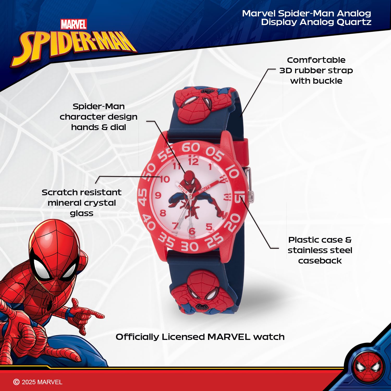 Marvel Spiderman Watch for Kids - Spiderman Watch Boys - Spider-Man Watches for Boys 4-6 - Toys - Kids - Marvel Toddler - Teen - Dark Blue Case - Multicolor 3D Strap