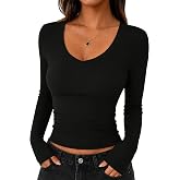 LOMON Long Sleeve Shirts for Women Deep V Neck Slim Fit Basic Crop Tops | 2026 Fall Winter Base Layer Tee Shirt, Stretch Soft Breathable Knit Fabric, Casual Daily Going Out Outfits