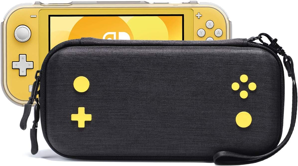 Rayvol Slim Case for Nintendo Switch Lite, Fits Console W/Protective Case, 16 Game Cartridges, Portable Hard Shell Cover Carrying Bag Travel Pouch, Yellow Gaming Pattern Design, Color Black