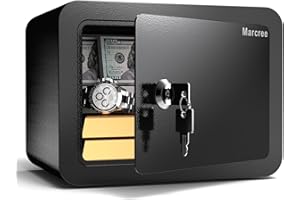 Marcree 0.23 Cub Safe, Small Safe Box with Key, Mini Home Safes for Money, Coin and Cash, Security Safes for Kids, Lock Box for Personal Items, Black, 6.69 x 9.06 x 6.69 Inches
