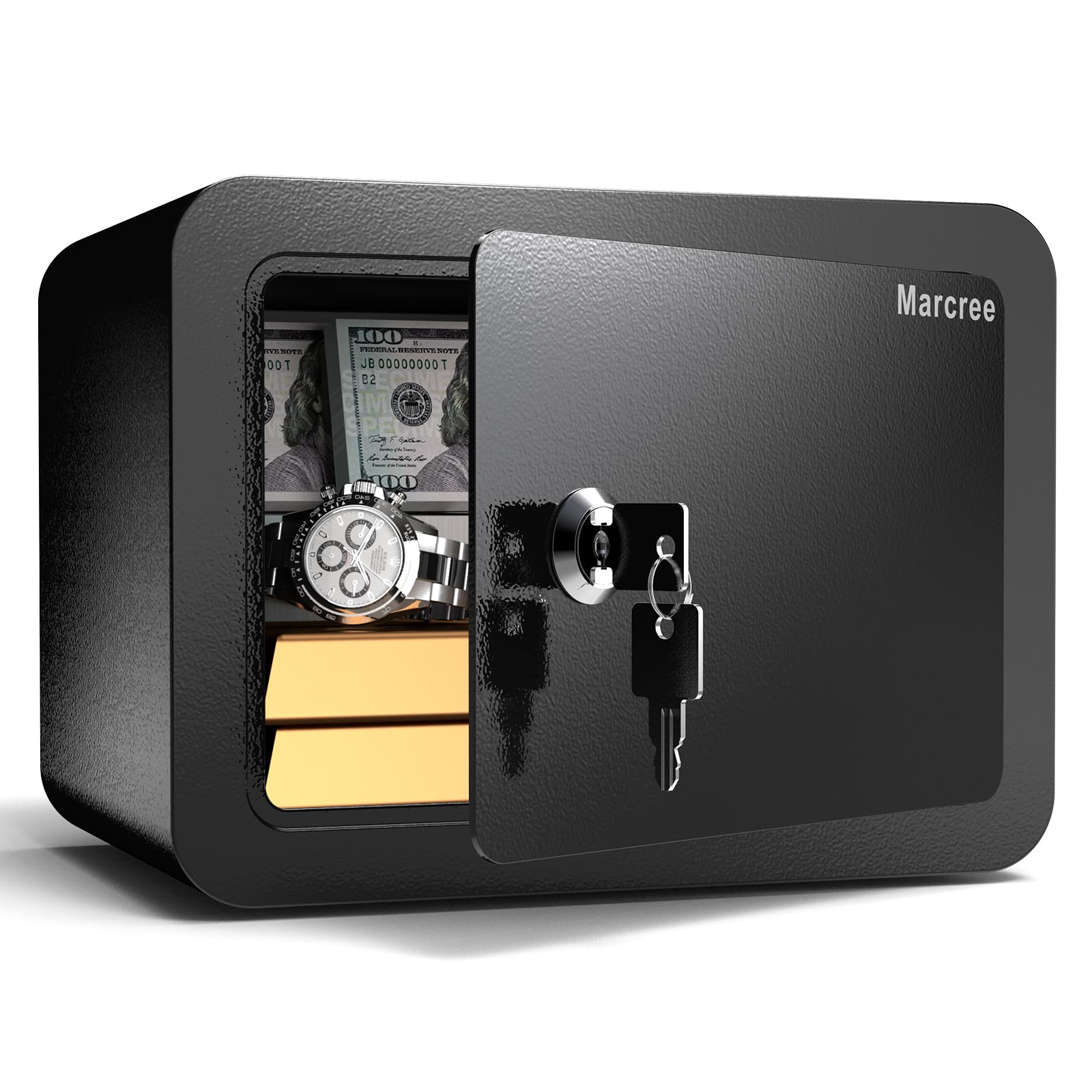 Photo 1 of Marcree 0.23 Cub Safe, Small Safe Box with Key, Mini Home Safes for Money, Coin and Cash, Security Safes for Kids, Lock Box for Personal Items, Black, 6.69 x 9.06 x 6.69 Inches