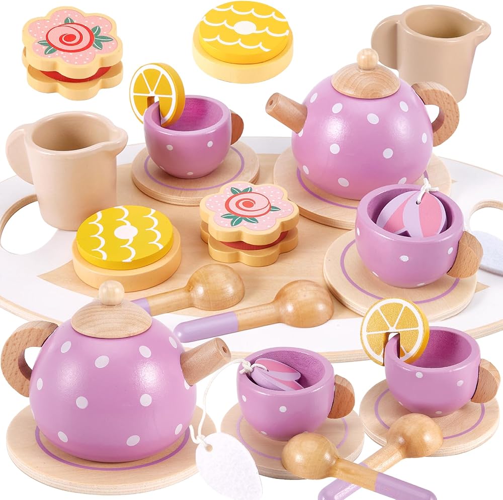 AOLEVA Kids Wooden Tea Set Toy for Toddlers 3 4 5 Years Old