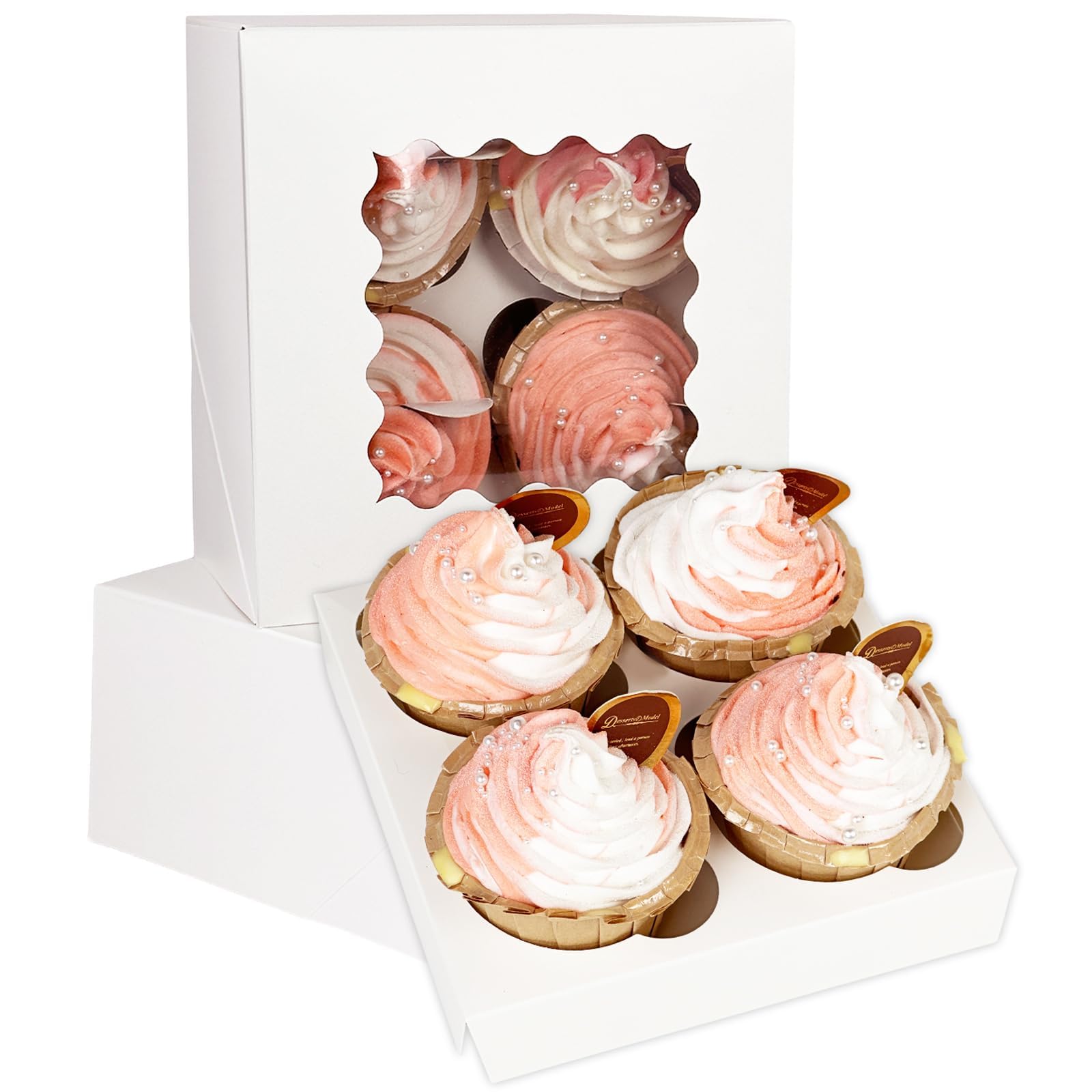 Gcardist 25 Packs Auto-pop Up 4 Cupcake Boxes with Window White Cupcake Box 16x16x7.6cm Bakery Boxes For Cupcakes Carrier, Cupcake Containers (6.3x6.3x3 inch)
