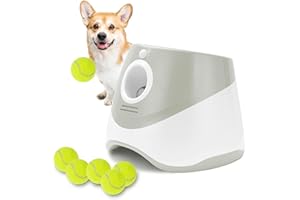 Elevon Dog Ball Thrower Launcher, Indoor/Outdoor Automatic Ball Launcher for Small and Medium-Sized Dogs, Includes 6 Mini Tennis Balls and a Data Line, Grey