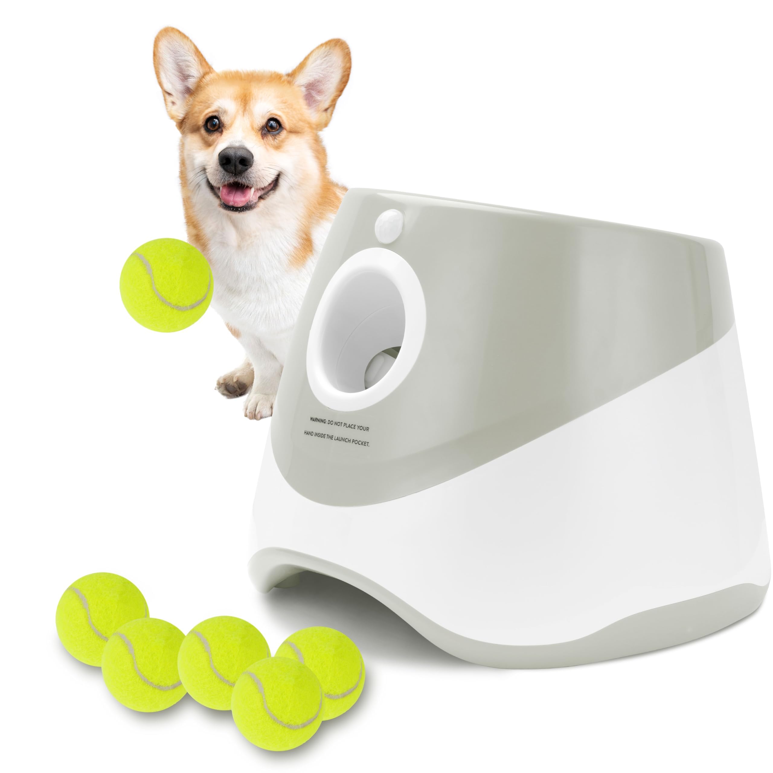 Photo 1 of ***DIRTY*** Elevon Dog Ball Thrower Launcher, Indoor/Outdoor Automatic Ball Launcher for Small and Medium-Sized Dogs, Includes 6 Mini Tennis Balls and a Data Line, Grey