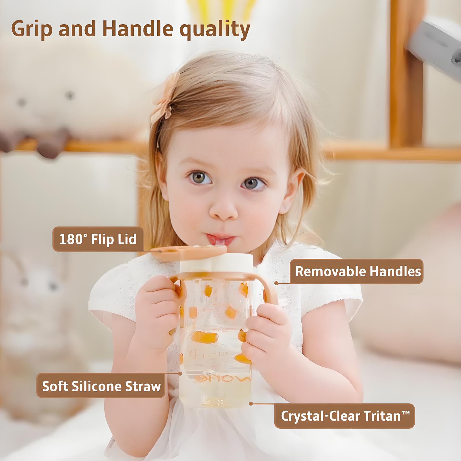 Evorie Tritan Spill Proof Toddler Straw Sippy Cup, 10 oz for Baby and Toddlers 1-3 Years Old, No Spill Straw Water Bottle with Removable Handles, Ideal for School, BPA-Free, Honey Bear