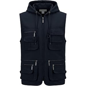 OU YA WOLF Men's Zipper Multi Pockets Hooded Vest Outdoor Travel Fishing Hiking Safari Hunting Photo Utility Work Cargo Vests