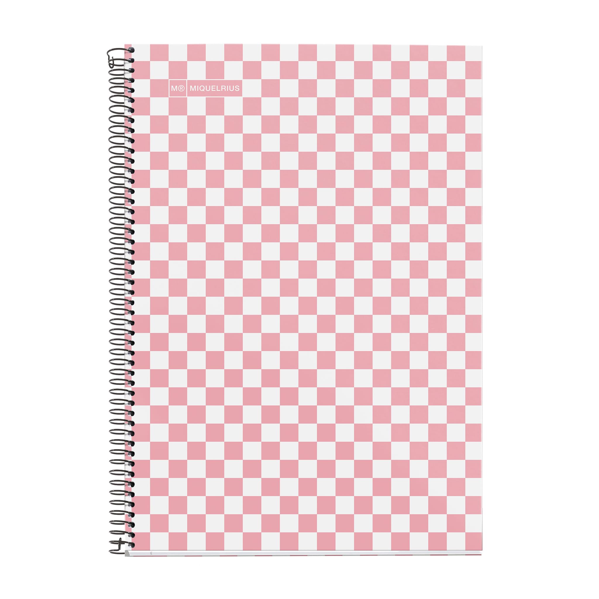 Miquelrius - School Notebook 4x4 mm, Folio Size (215 x 309 mm), 80 Sheets of 90 g/m², 4x4 mm Grid with Margin, Spiral Binding, Hard Cover, Pink Checkered Design
