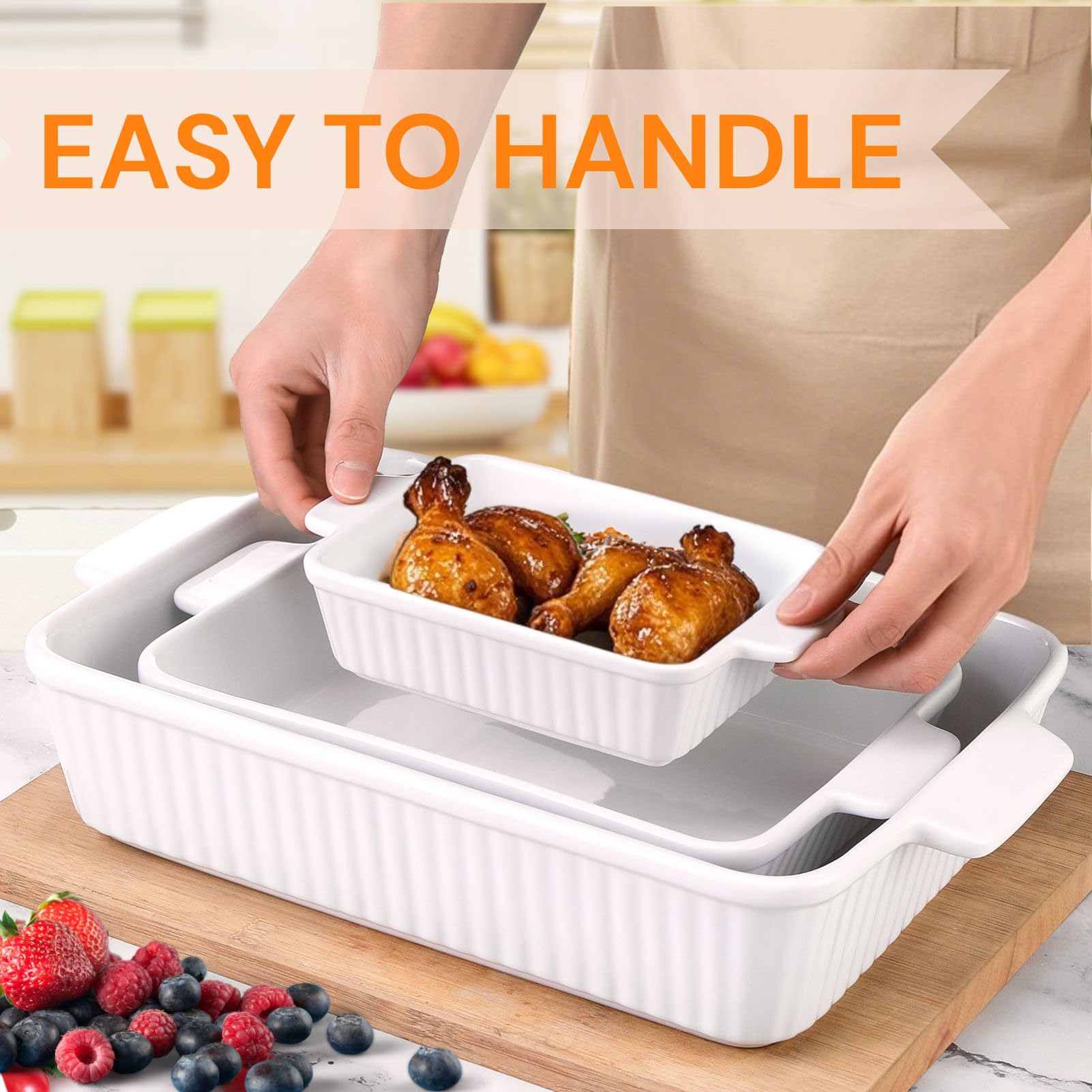 Bakeway Casserole Dishes for Oven, Ceramic Baking Dish Set with Handles, Porcelain Rectangular Lasagna Pan Deep of 3, Oven-Safe Bakeware Sets for Cooking, Kitchen, Holiday Gifts (15.5