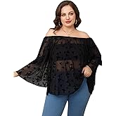 WDIRARA Women's Plus Size Butterfly Print Mesh Off Shoulder Long Sleeve Sheer Sexy Blouse Top