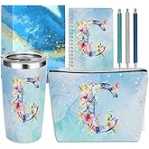 Personalized Gifts Monogrammed Birthday Gifts for Women, Cowerker Wife Sister Wedding Christmas Initial 20 oz Tumbler, Makeup Bag Cup Ballpoint Pens Journal Notebook 6 Set, (Aesthetic Blue Flower C)