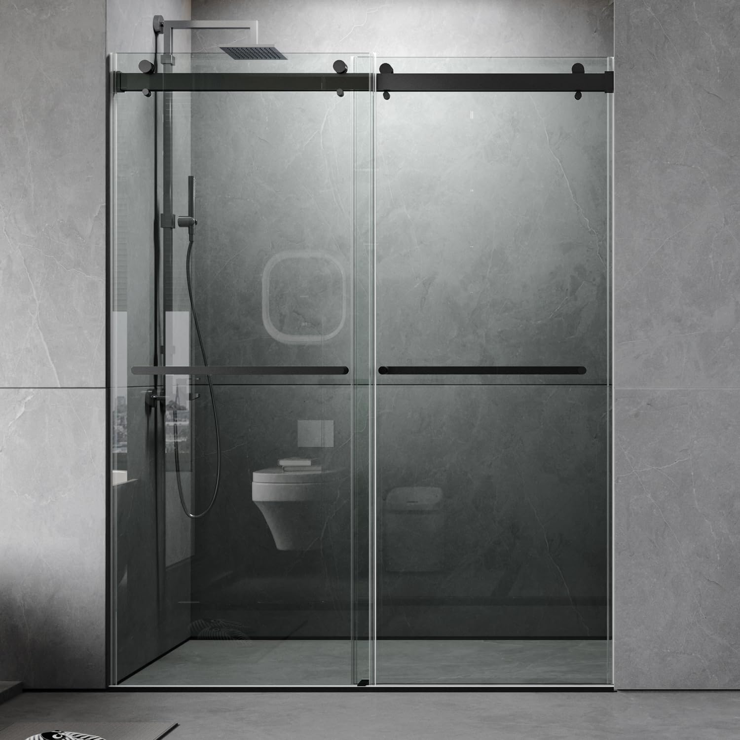 Photo 1 of ROOMTEC 56 to 60'' W x 76'' H Frameless Shower Door, Double Sliding Shower Door with Premium 3/8'' (10mm) Thick Tempered Glass, Stainless Steel, Matte Black