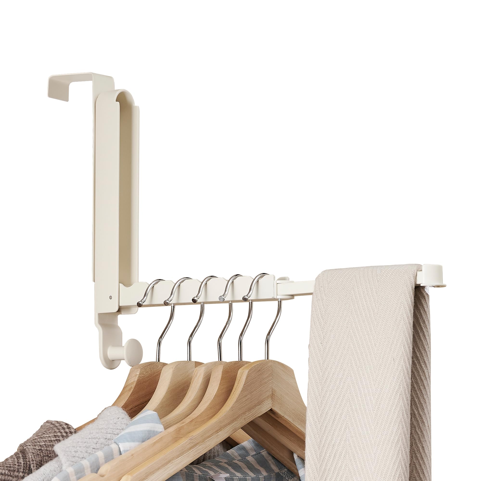 RFOUO Over Door Hanger Fit up to 46mm Optimal 1pc,Coat Hooks for Door with Retractable Rod,Foldable Over Door Hooks for Bedroom Laundry Bathroom (Milky White, 1 Pack)