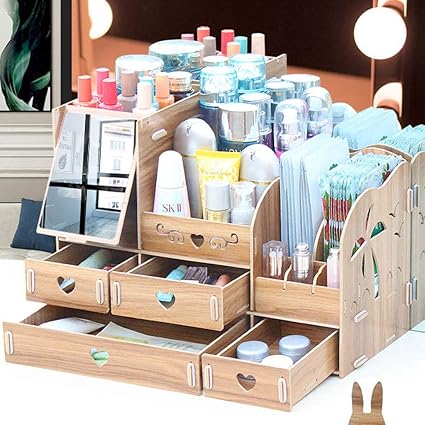 Gran caja de almacenamiento de cosméticos de madera para escritorio