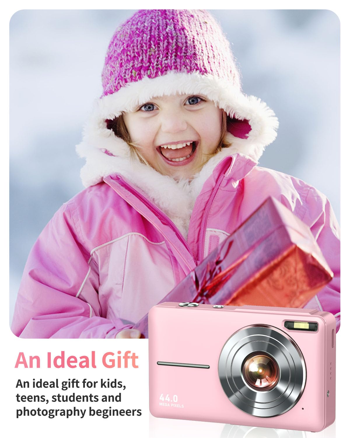 Digital Camera, FHD 1080P Point and Shoot Kids Camera, with 32GB Card, 2 Batteries, 16X Zoom Anti Shake Date Stamp, Compact Portable Small, for Starter Kid Children Teen Student Girl Boy(Pink)