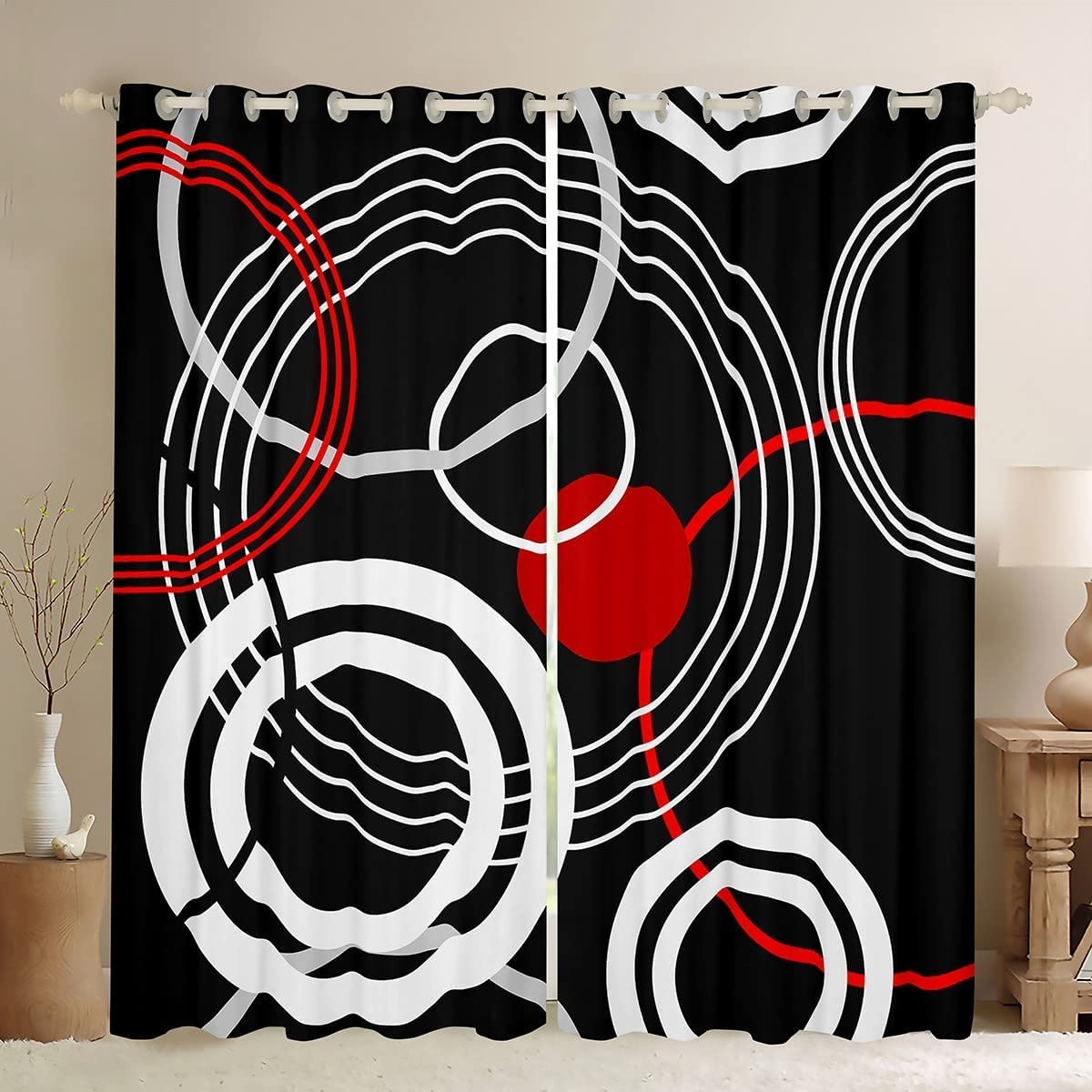 Loussiesd Retro Circle Darkening Window Drapes Black White Red Curtain Simple Style Blackout Curtainsfor Bedroom Children Modern SWindow Treatments W46*L54 — image 1