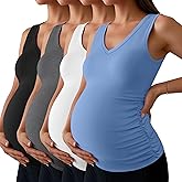 Ficerd 4 Pack Women's Maternity Tank Tops V Neck Summer Side Ruched Sleeveless Cotton Blend Basic Pregnancy Shirts