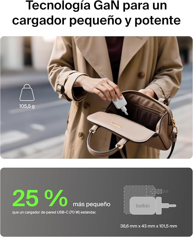 BoostCharge Pro Cargador USB-C GAN 70W, 3 Puertos y Adaptadores