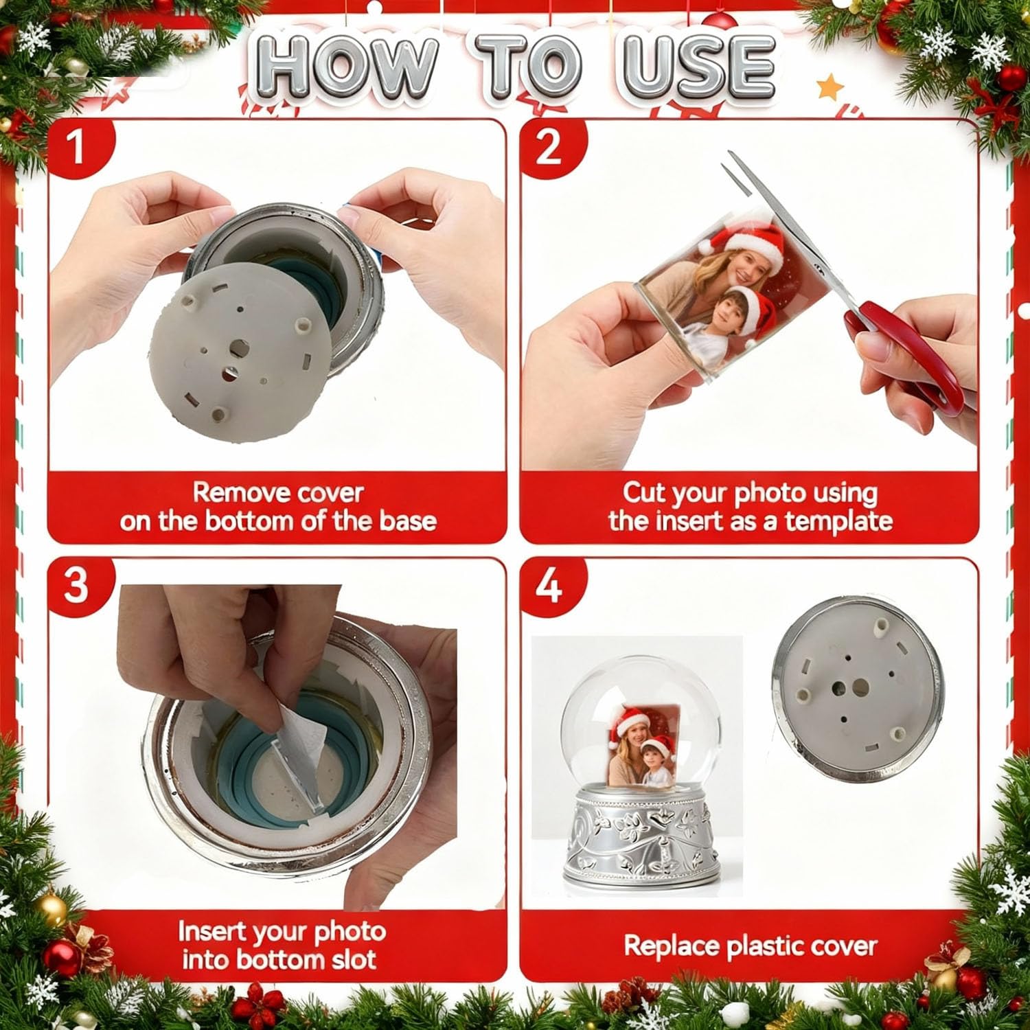 Aobaks Valentine's Day Gift Snow Globe with 2 Sided Photo Frame, DIY Large Double Snowglobe with Picture Insert, Clear Resin Base, for Family, Friends, Couples.