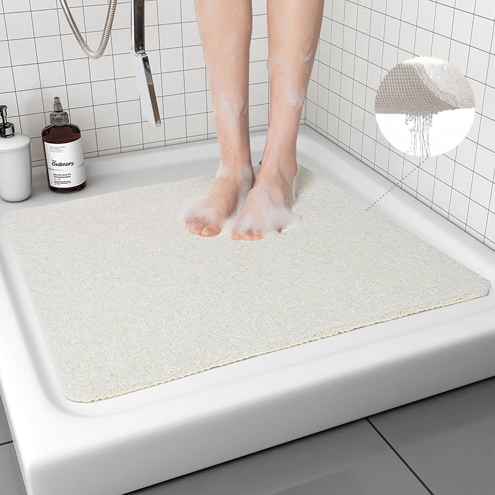 Shower Mat Non Slip Anti Mould: Bath Mats for Inside Bath- 53 x 53 cm Anti Slip Shower Mats for Inside Shower- Loofah Shower Mat White Square Washable Shower Matt for Elderly Wet Room Quick Dry