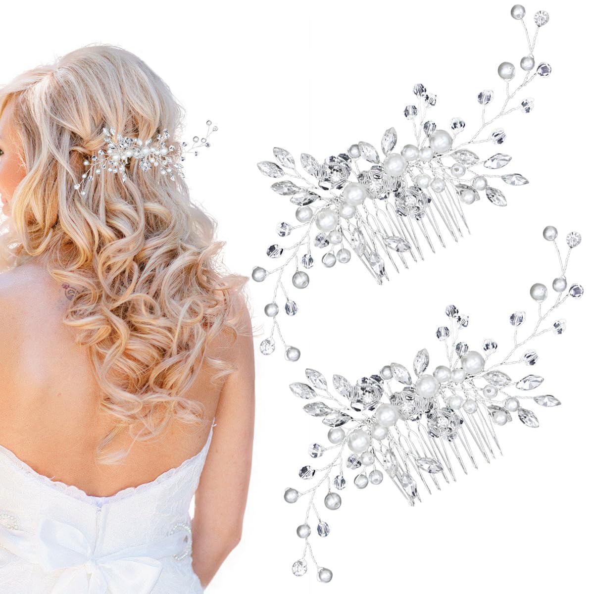 Ainvhh 2 PCS Flower Bride Hair Pins Pearl Bridal Hair Pieces Silver Crystal Leaf Flower Pearls Headpieces Leaves Crystal Headpiece Gems Jewels Rhinestone Wedding Hair Accessories for Women and Girls