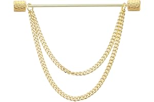 Men's Gold Plated Brass Collar Bar with Double Hanging Chain Tassel Shirt Tie Bar Collar Brooch
