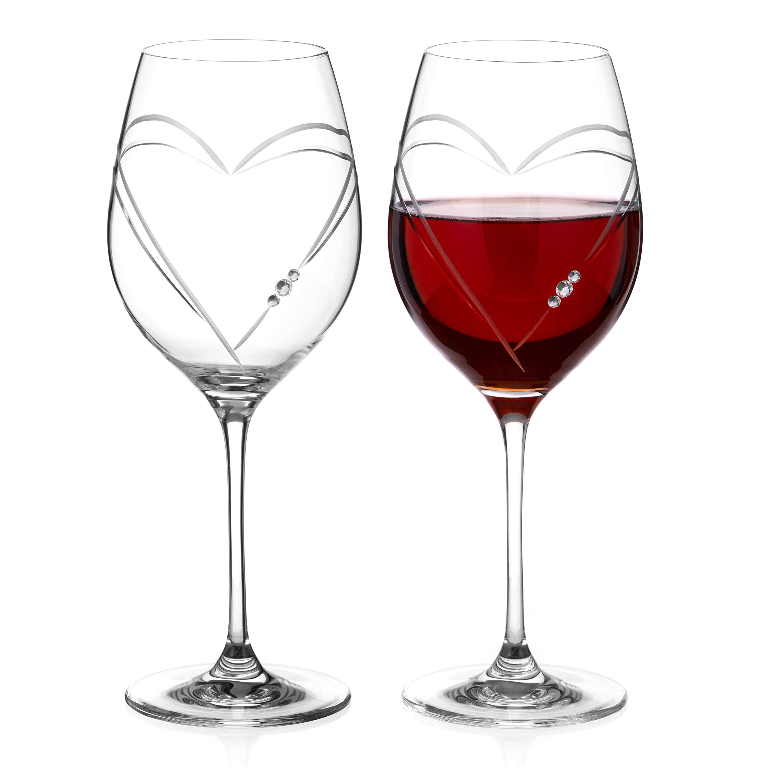 DIAMANTE Swarovski Red Wine Glasses Pair – ‘Hearts’ Collection Crystal Wine Goblets Set of 2 in Gift Box