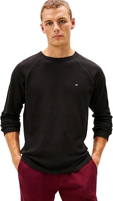 T-Shirt Manches Longues Homme Waffle avec Col Ras-du-Cou, Noir (Black), S