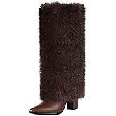 QLR 3.3-inch Chunky Knee High Fur Heel Boots Furry Fuzzy Fluffy Pointed Toe Boots for Women, Tall Long Wide Calf Boot with Side Zipper Fall Winter Snow Fold Over
