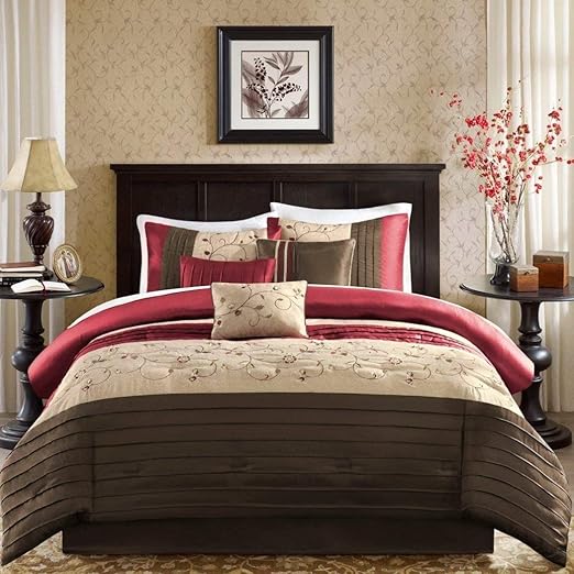 Amazon Com Madison Park 7 Piece Red Brown White Comforter Set