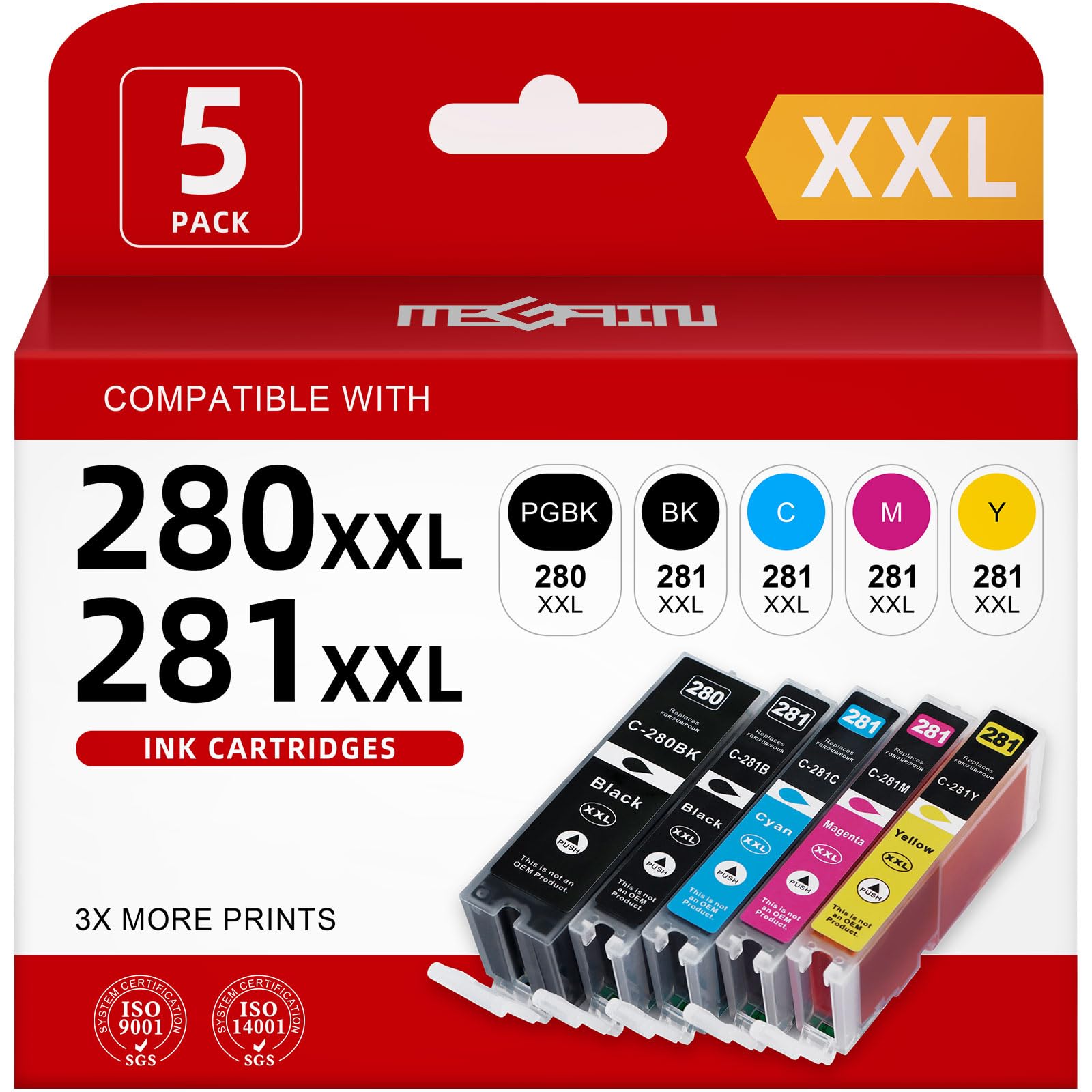 Photo 1 of MEGAIN 280XXL 281XXL Ink Catridges 5-Pack Compatible for Canon Ink 280 and 281 Cartridges PGI-280XXL CLI-281XXL for Pixma Printers TR8620 TR8620a TS6320 TR7520 TS6120 TS6220 TS8220 Ink