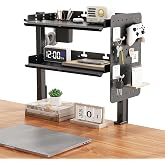 Metal Clamp On Desk Shelf,Storage Shelves with Pegboard and Pencil Holder | 2-Tier Adjustable 16 inch Above or Under Heavy Duty Desktop Organizer with Headphone Holder for Desk Accessories (Black)