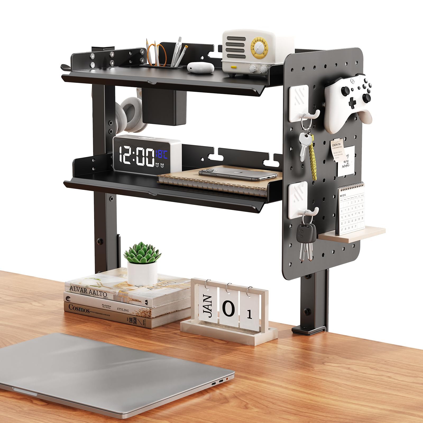 Photo 1 of 2-Tier Metal Clamp On Desk Shelf, Adjustable 16 inch Desk Storage Shelves with Pegboard and Pencil Holder,Above or Under Heavy Duty Desktop Organizer with Headphone Holder for Desk Accessories (Black)