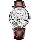 GLENAW Men's Automatic Tourbillon Vintage Watch - Black Leather Strap, Skeleton Roman Dial, Day-Date Calendar, 30 ATM Waterproof, Luminous Hands - Classic & Fashion Watch for Men