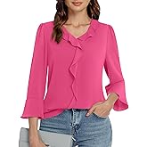 Funlingo Womens 3/4 Length Sleeve Tops V Neck Dressy Casual Blouses Tunic Trendy Business Office Ruffle Work Shirts
