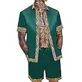 OYOZONE Men's Hawaiian Shirt and Short Set 2 Piece Outfits Luxury Printed Casual Button Down Short Sleeve Satin Shirt Suits