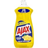 Ajax Ultra Liquid Dish Soap Lemon Scent, Super Degreaser, 28 oz Bottle | 4x Grease and Stain Fighting, Dish Detergent, Gentle on Hands, Stuck-On Food Remover, Dishwashing Liquid, Easy-Flip Cap,