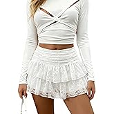 FireElf Mini Skirt Lace Skirt with Shorts Ruched Tiered Design Sexy Y2K Skirts Built-in Waistband Womens Skort A Line
