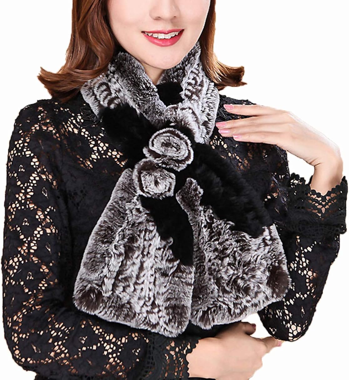 Women Real Rex Rabbit Knitted Scarf Fur Shawl Warm Soft Black And Brown At Amazon Women S Clothing Store