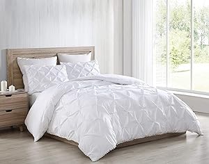 Chezmoi Collection Natalia 3-Piece Pom Pom Comforter Set,Soft Washed Microfiber Pinch Pleat Ball Fringe Bedding Set (Queen, White)