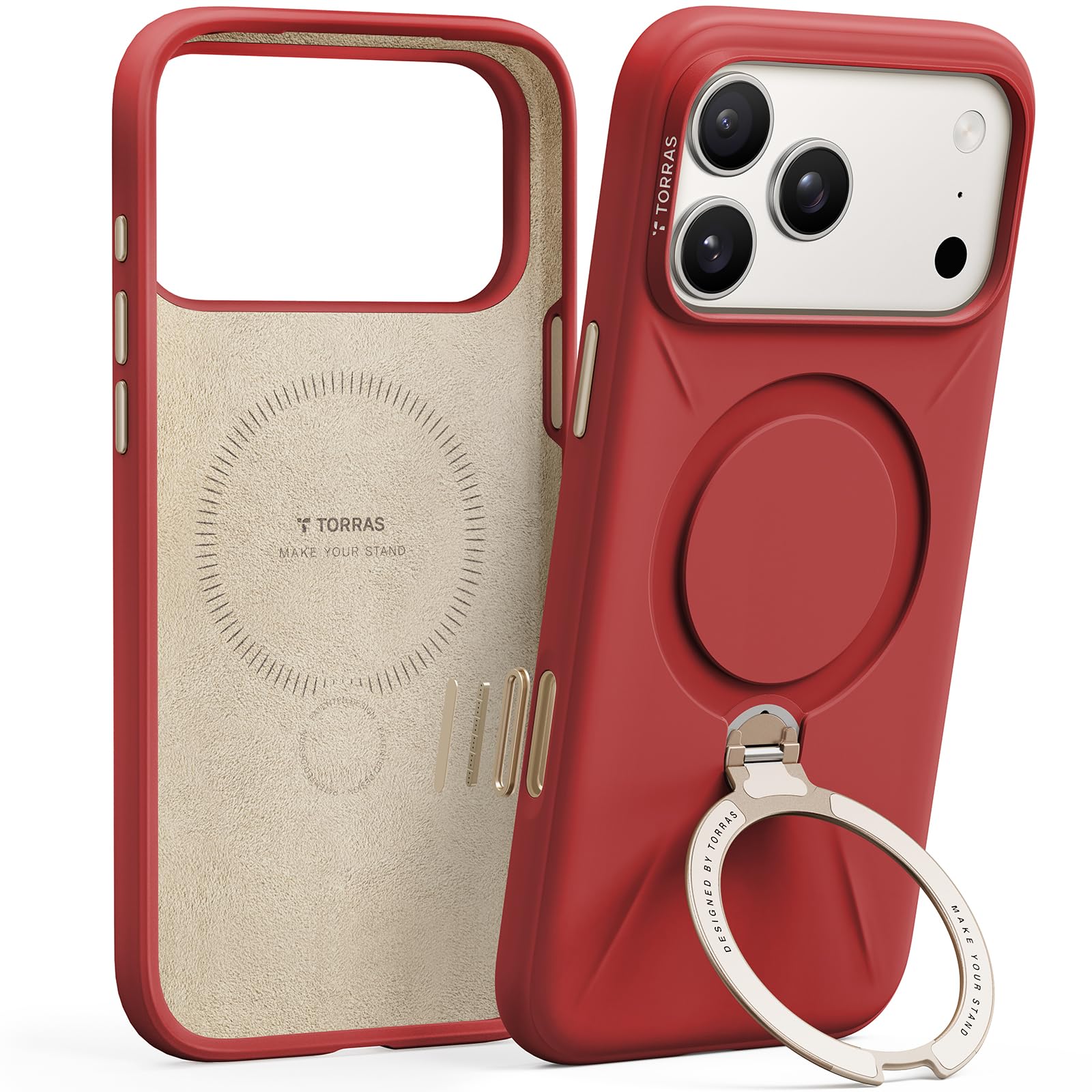 TORRAS Q3 Silicone 360 Spin for iPhone 17 Pro Case with Stand, Fit for MagSafe, Magnetic Ring Kickstand with Camera Control, Liquid Silicone Rubber Soft Phone Case for iPhone 17 Pro 6.3'', Red Image