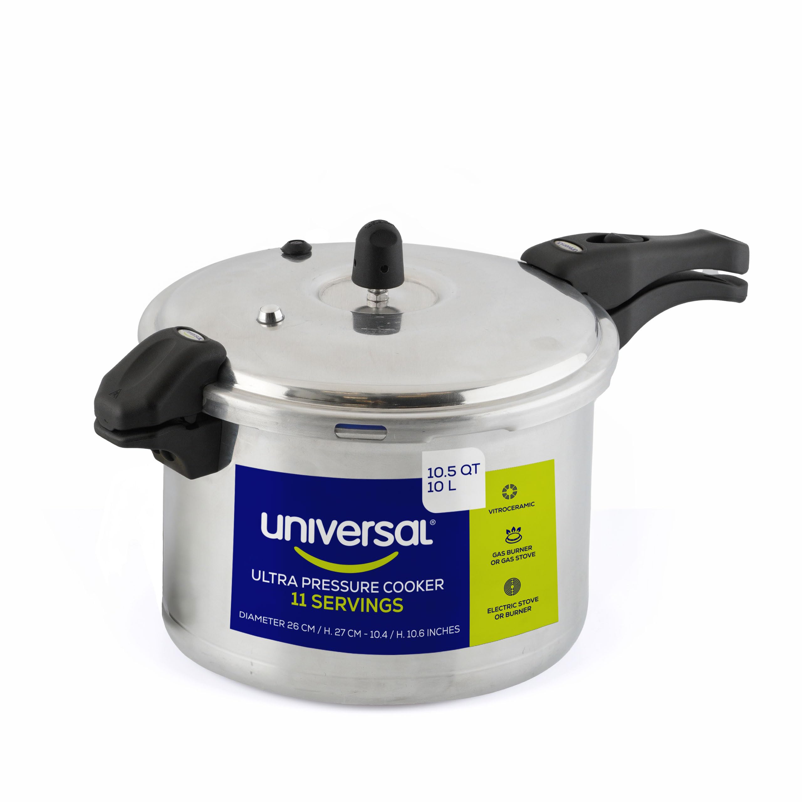 Photo 1 of Universal (10.5 Quart / 10 Liter) Anti-Rust Ultra Pressure Cooker, Aluminum Construction for 11 Servings, and Even Heat Distribution, Diameter 10.4 inches, Height 10.6 inches