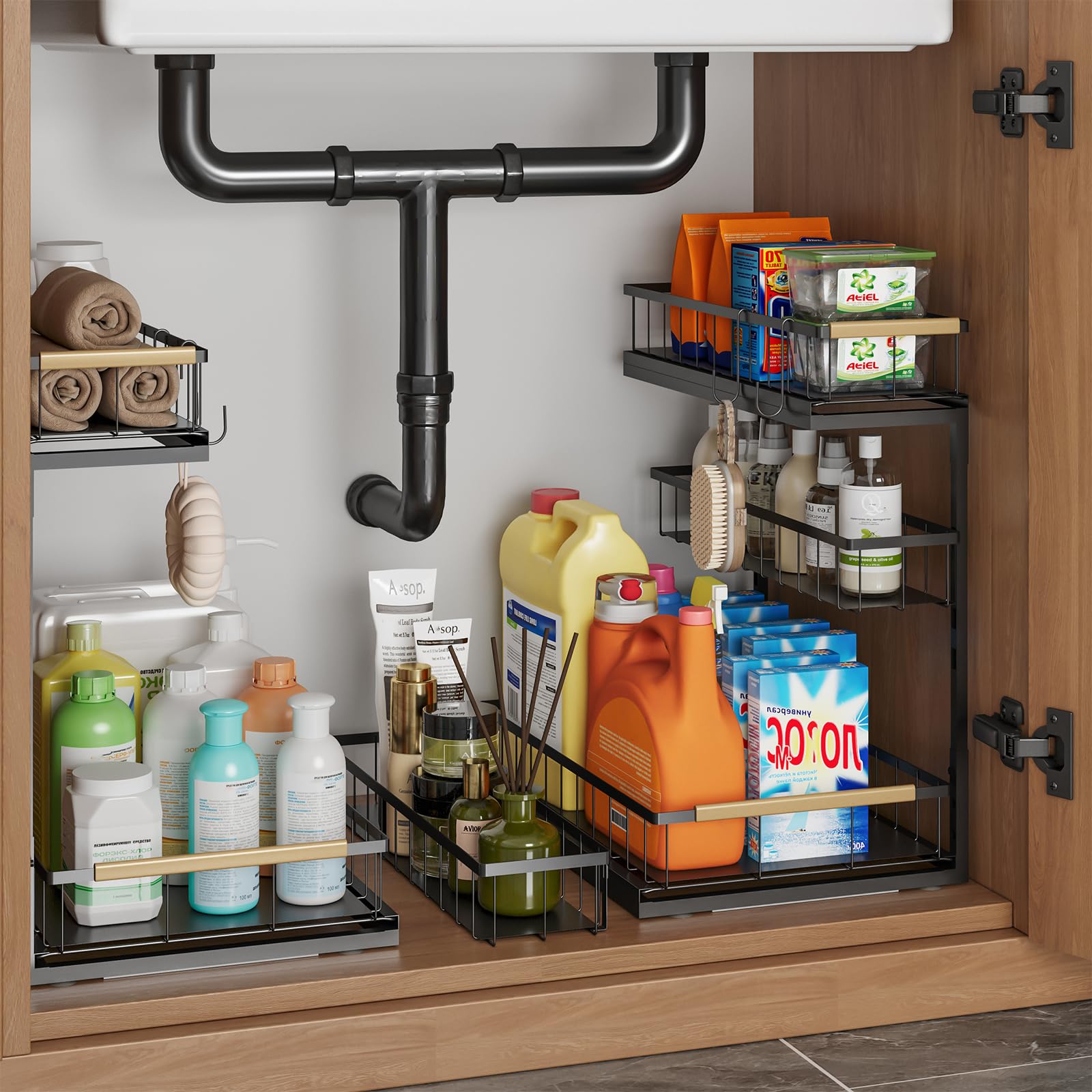 Photo 1 of Aekenr Under Sink Organizer and Storage for Bathroom and Kitchen - 2 Pack 3 Tier Under Cabinet Pull Out Shelf Organizers - Slide Out Drawer Organization for Home Cabinets Shelves and Drawers